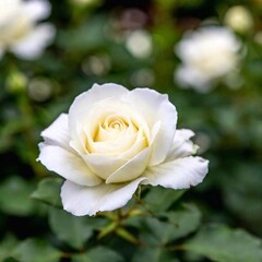 White Rose with Greenery: A close-up, eye-level shot of a pure white rose surrounded by green leaves. The deep focus brings out the contrast between the soft petals and the sharp edges of the foliage.
