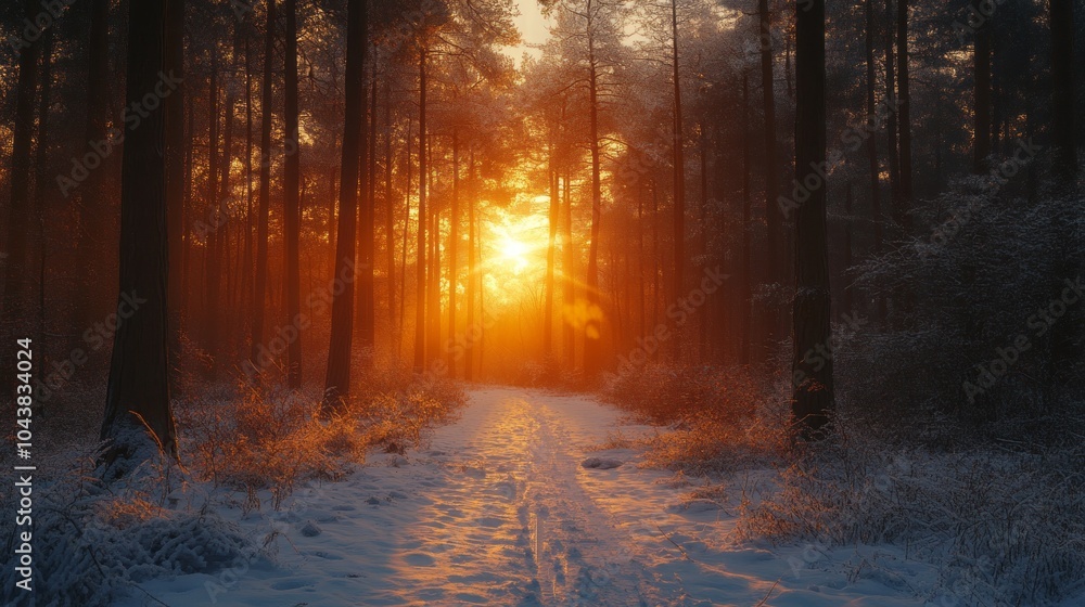 Poster A path through a forest with a sun shining through the trees