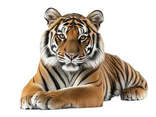 Fototapeta premium Majestic tiger lying down with piercing gaze and striking stripes.