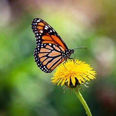 Obraz premium A close-up photo of a butterfly with dew drops on its wings in the early morning light, deep focus emphasizing the tiny water droplets and the texture of its wing scales, eye-level shot creating an