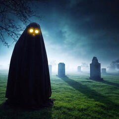 creepy black ghosts creatures with glowing eyes in cemetery at night with fog
