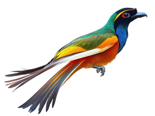 Fototapeta premium Vibrantly colored tropical bird with long tail feathers perched elegantly against a white backdrop.