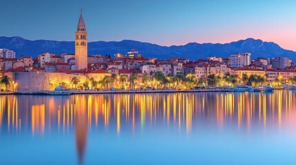 Obraz premium A picturesque coastal town with a bell tower, illuminated buildings, and a calm harbor at twilight.