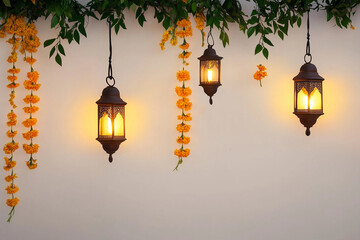 Elegant lanterns hanging with marigold garlands on a wall