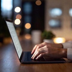 A close-up, eye-level shot of a hand typing on a laptop keyboard, with the keys in sharp focus and the background of a dimly lit office space softly blurred, highlighting the precision and speed of