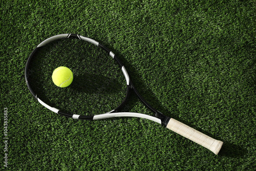 Poster Tennis racket and balls on green artificial grass, top view