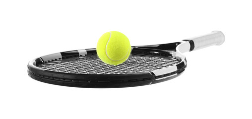 Tennis racket with ball isolated on white