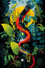 Obraz premium pop art style jungle collage vibe snake illustration