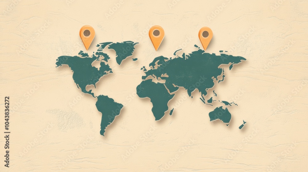 Aufkleber this world map highlights key travel destinations marked with map pins, perfect for planning your ne
