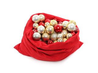 Red Santa Claus bag with baubles isolated on white