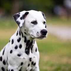 A close-up shot of a Dalmatian puppy with one ear flopped over, deep focus capturing the distinct black spots on its coat, the shape of its ears, and its alert expression