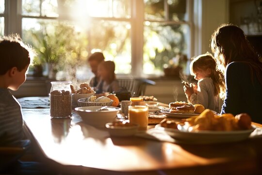 Family enjoys breakfast in sunny kitchen with warm light