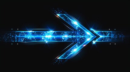 Fototapeta premium Glowing blue arrow sign on dark background - horizontal poster. Futuristic technology dynamic shining arrow symbol concept banner. Digital painting. AI artwork. 