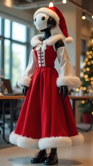 Robot girl in a Snow Maiden costume in the office