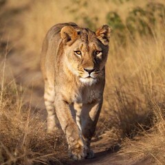 Fototapeta premium A full shot photo of a lioness walking confidently through tall golden grass, deep focus on the movement of its muscles and fur, low-angle shot that makes the lion appear larger and more imposing
