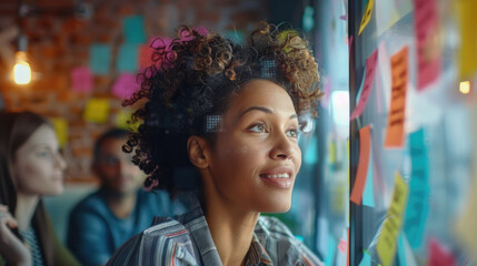 Creative Professional Woman Brainstorming Ideas in a Modern Office with Colorful Sticky Notes on Glass Wall