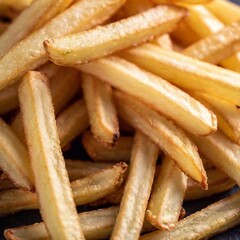 a macro shot from below a pile of crispy, golden French fries, looking up at the stack. Highlight the details of the texture, the golden color, and the glistening oil on the fries