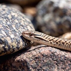 Fototapeta premium snake camouflaged against a rocky surface, with its intricate patterns blending into the environment, only its piercing eyes in sharp focus, while the rocks around it fade into a soft blur