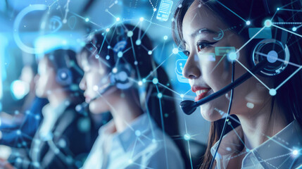 Customer Service Representatives Using Headsets with Futuristic Digital Interface in a Modern Call Center