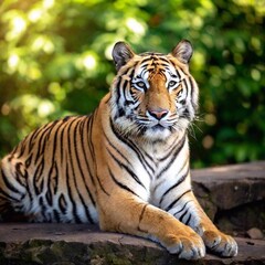 tiger lying on a rock in the jungle, basking in the afternoon sun, its eyes half-closed, with the rough texture of the rock in sharp detail while the lush green surroundings softly blur