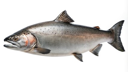 Obraz premium Salmon fish isolated on white background in forced perspective