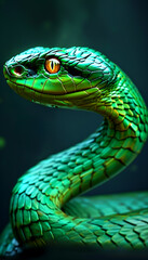 Emerald serpent gracefully twisting among lush rainforest foliage in vibrant hues