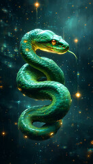 Fototapeta premium A mystical green snake gracefully swirling in a cosmic starry background at dawn