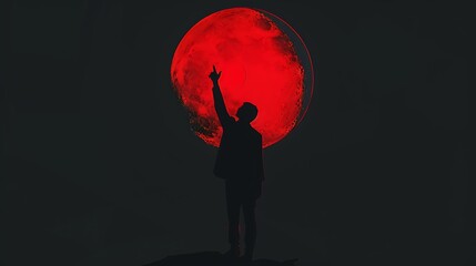 Silhouette of a man reaching for a red moon minimalistic poster