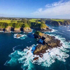 an aerial view of a dramatic ocean coastline with rugged cliffs and crashing waves. Include the dynamic contrast between the dark, jagged rocks and the frothy white surf below