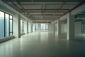 Empty office space with large windows and red fire sprinklers.