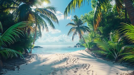 Fototapeta premium Sandy path on a tropical beach with palm trees