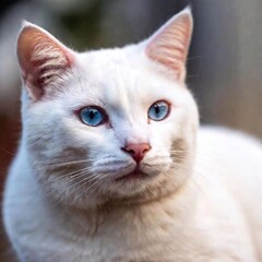 white cat with piercing blue eyes in a close-up, sharp focus on its delicate features while the surrounding soft white fur blends into a blurred background