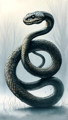 Fototapeta premium A mystical serpent coils elegantly under a foggy, enchanted forest at dawn