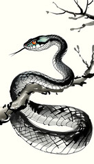 Fototapeta premium A mystical snake gracefully coils among branches in an artistic black and white design