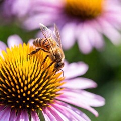 extreme macro shot capturing a bee proboscis as it sips nectar, the proboscis and the flower's stamen in sharp focus, with the surrounding floral elements softly blurred in the background
