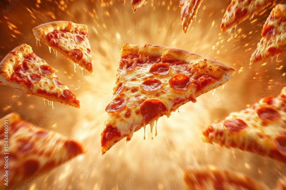 Poster Pepperoni pizza slices soar diagonally, creating a lively atmosphere while providing an ideal space for additional text overlay. Generative AI