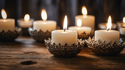 Aesthetic preparation of decorative white candle on a rustic wooden themed background. bokeh style.