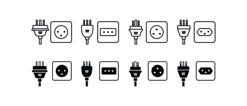 Types of electrical socket plugs, Type K, L, M, N, Different type power socket and plug. World standards. AC power connector, Icon vector of International electronic socket in tranparent background