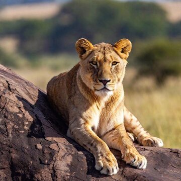 A full shot photo of a lioness resting on a large rock, deep focus on its relaxed posture and the texture of its mane, low-angle shot capturing the full body against a backdrop of the expansive
