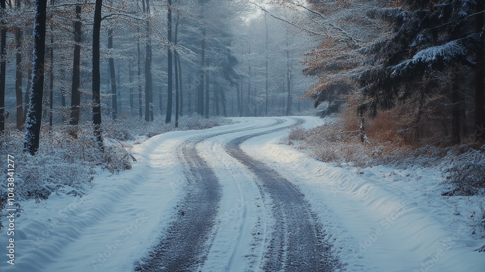 Poster a snow covered road with a few trees in the background