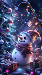 Festive cute Snowman by a Decorated Christmas Tree with Gifts and Holiday Lights