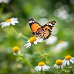 Fototapeta premium A macro photo of a butterfly perched on a wildflower, soft focus softly blending the flower into the background, low angle shot looking up toward the butterfly, highlighting its elegance and delicate