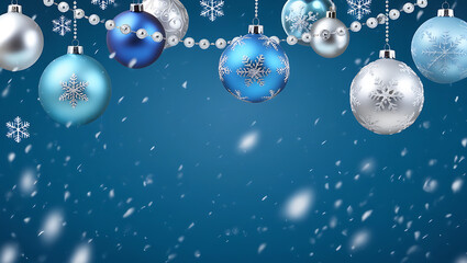 Blue Christmas Background with Ornaments and Baubles, copy space background