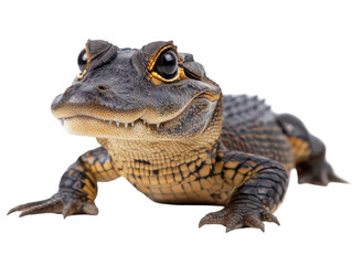 Fototapeta premium Close-up of a juvenile alligator with intricate patterns on its skin and striking eyes.
