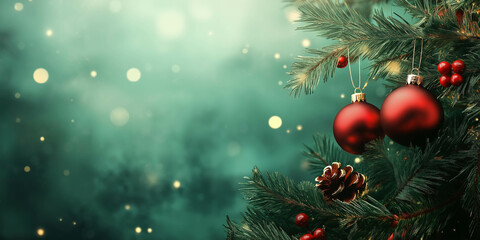 Christmas Tree with Red Baubles and Pinecones on a Green Background