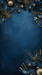 Elegant Christmas Background with Blue and Gold Ornaments and Foliage