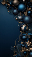 Elegant Christmas Background with Blue and Gold Ornaments on a Dark Blue Background