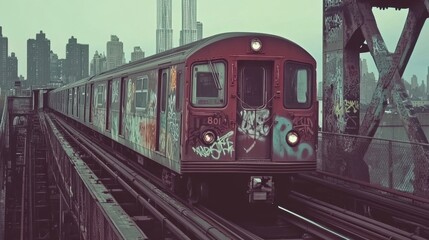 A vintage subway train travels along elevated tracks in a cityscape, showcasing urban art and skyscrapers in the background during a cloudy day