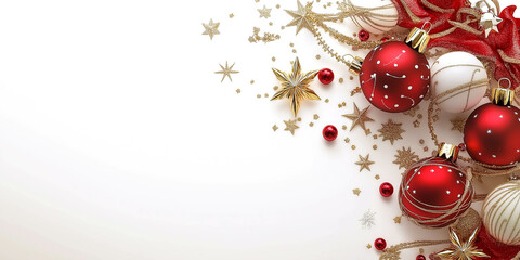 Elegant Christmas Banner with Red Ornaments, Gold Stars, and Ribbons on White Background