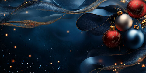 Elegant Christmas Banner with Red and Blue Ornaments and Sparkling Ribbon on a Dark Blue Background